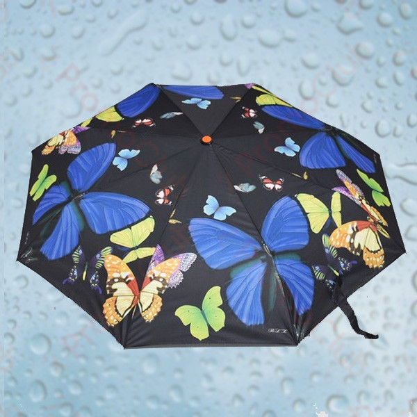 Красив ветероустойчив дамски чадър с двупосочен автомат RAINBOW - BLACK BUTTERFLY 3031