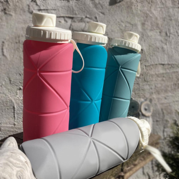 КЛУБНА ОФЕРТА:✔Силиконова сгъваема бутилка-шише - розов цвят, 600ml, КРАЙ С ПЛАСТМАСАТА, MINI FOLDABLE BOTTLE