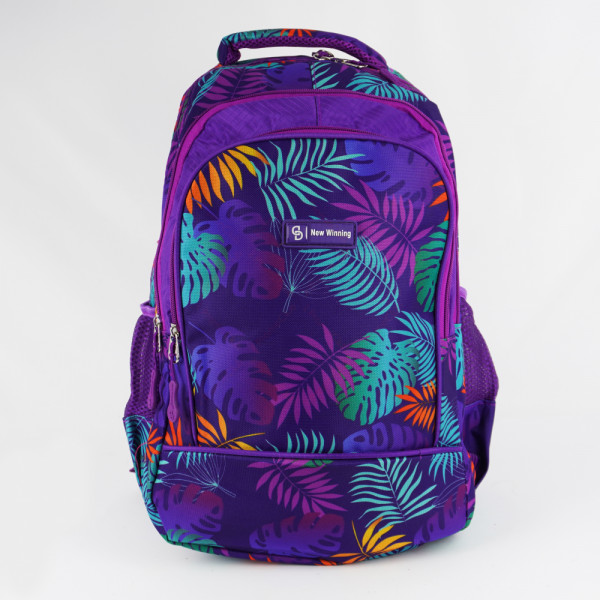 Ученическа раница "New Wining" PURPLE FLORA NS3452  непромокаема, с много джобчета, свеж десен, лилава с цветни елементи