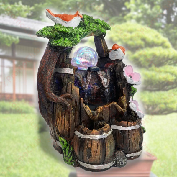 Настолен фонтан ВОДОПАД с диско топка, птици и цветя - релаксиращ, Фън Шуей