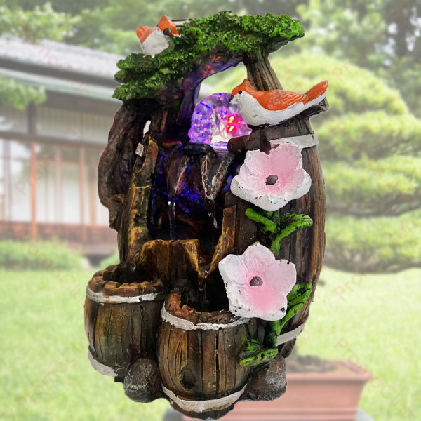 Настолен фонтан ВОДОПАД с диско топка, птици и цветя - релаксиращ, Фън Шуей