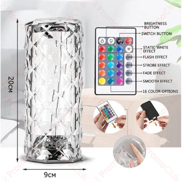 Кристална LED настолна лампа DIAMOND TABLE LAMP 1702 с дистанционно управление и включване с докосване, RGB