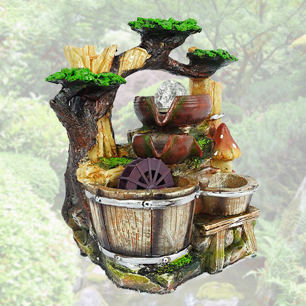 Настолен фонтан ВОДОПАД с диско топка, водно колело, растения - релаксиращ, Фън Шуей