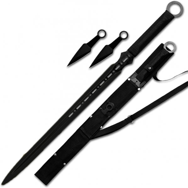 Уникален прав меч MH01 BLACK с два шурикена за хвърляне и калъф (с черна дръжка)
