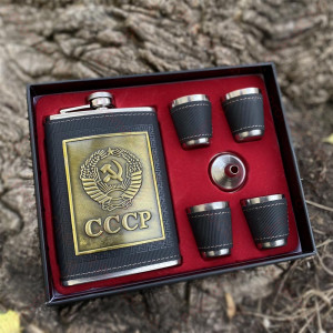 Подаръчен комплект СССР метална манерка за алкохол, чашки и фунийка FH-105