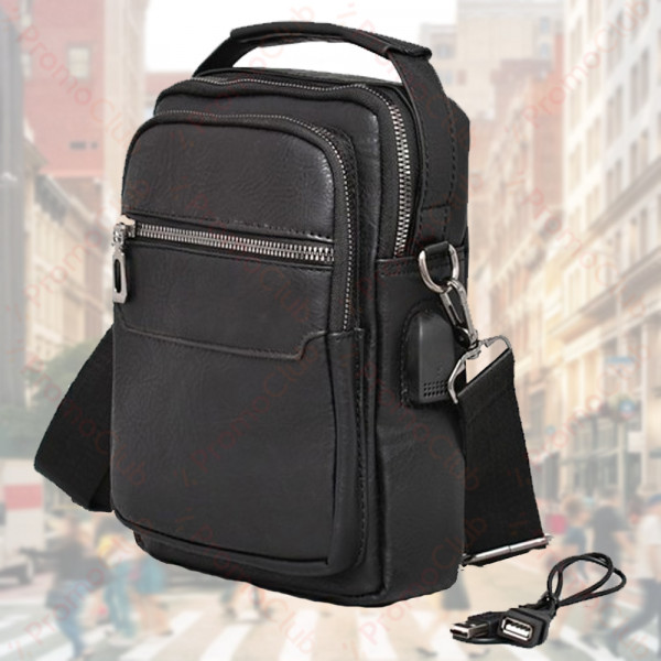 Удобна и практична мъжка чанта от еко кожа с USB изход и кабел MENSTYLE - BLACK 3908