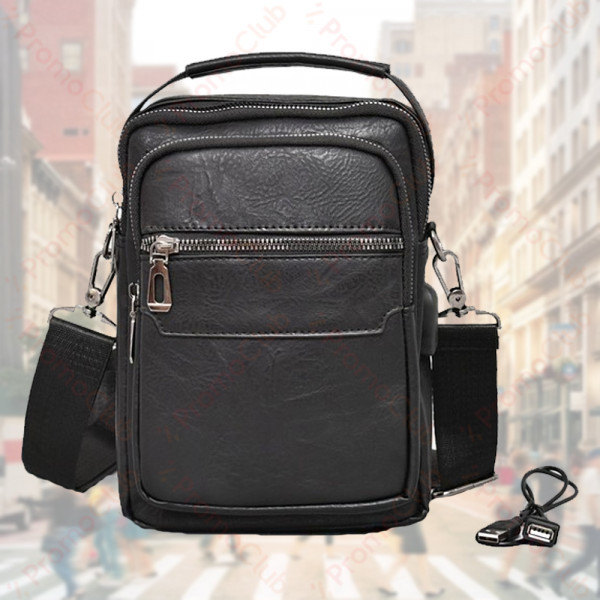 Удобна и практична мъжка чанта от еко кожа с USB изход и кабел MENSTYLE - BLACK 3908