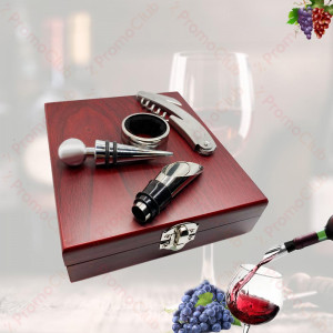 Луксозен подаръчен комплект за вино в стилна дървена кутия с 4...