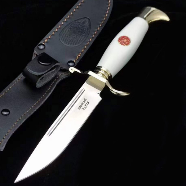 Руски офицерски нож СЛАВА, стомана 440C, кожена кания  за колан, цвят БЯЛ