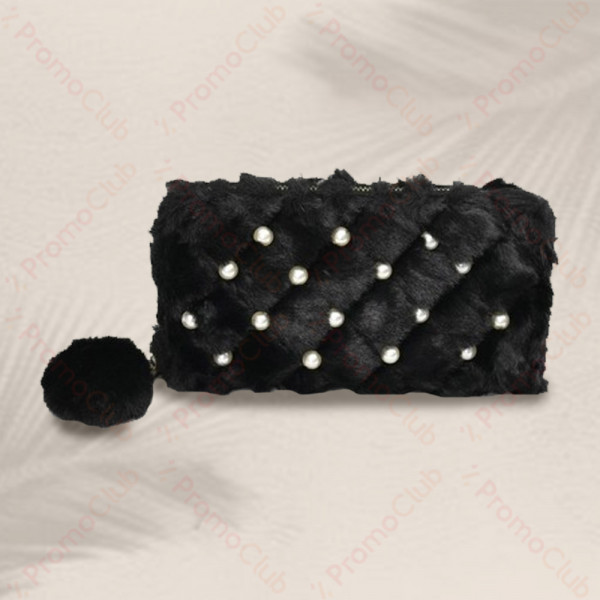 Дамско портмоне от текстил , пухкаво и меко с перли 22404, Черно