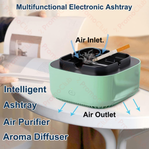 2в1 Електрически бездимен пепелник и пречиствател на въздуха, с отрицателни йони, 360-градусова аспирация, премахване на миризми и дим, подходящ за дома, офиса, колата, Зелен цвят