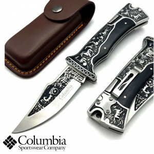 Премиум клас сгъваем ловен нож COLUMBIA A3189 BaBa BLACK, Кания от естествен телешки бланк, дръжка метал и махагон