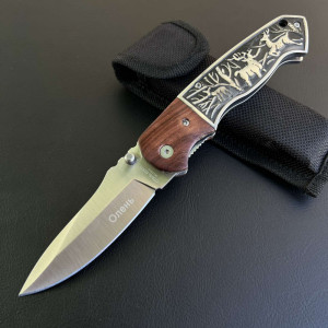 Руски сгъваем ловен нож ОЛЕНь, стомана 65х13, дървена дръжка орех и кобур за колан