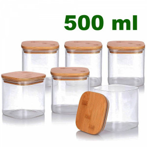 500ml Квадратен стъклен буркан с бамбукова капачка и силиконово...