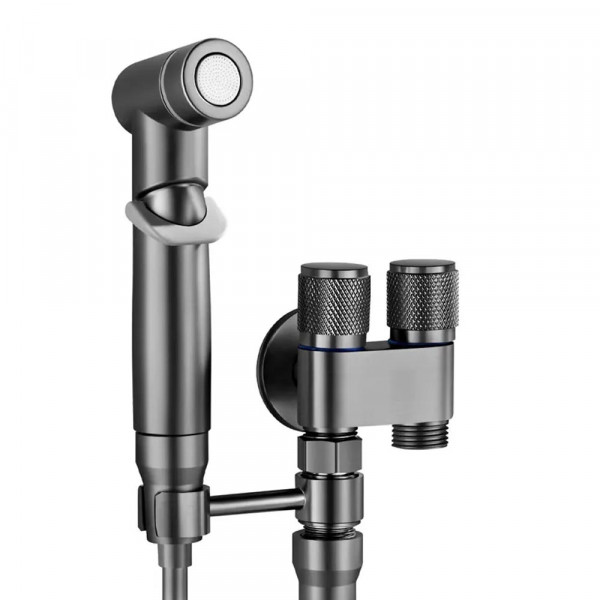 Комплект смесител за биде двоен душ със спирателен кран и двойно управление от неръждаема стомана за стенен монтаж - графит