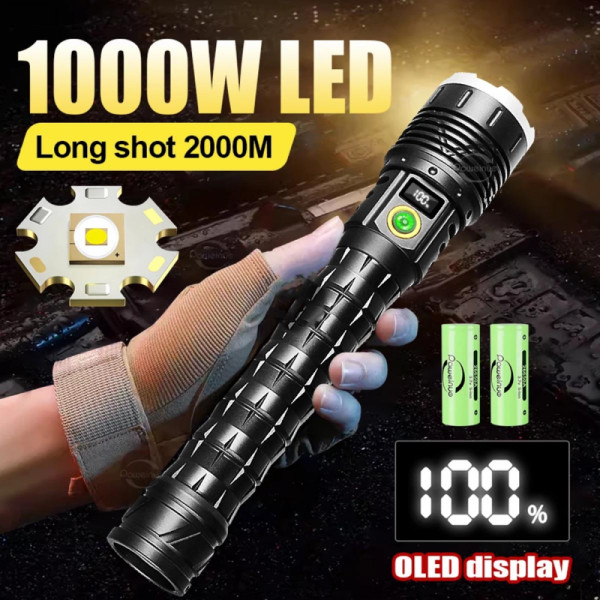 Освети нощта: 1000W тактически метален LED фенер модел 2024, големи батерии, type-C бързо зареждане. 10 000 Lm брутален светлинен поток