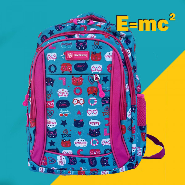 Ученическа раница "New Wining" BLUE CATS 1354  непромокаема, с много джобчета, свеж десен, лилава с цветни елементи