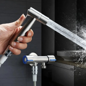 Висококачествен хигиенен душ за баня и тоалетна WATER GUN, неръждаема стомана, стойка, 120 см метален шлаух