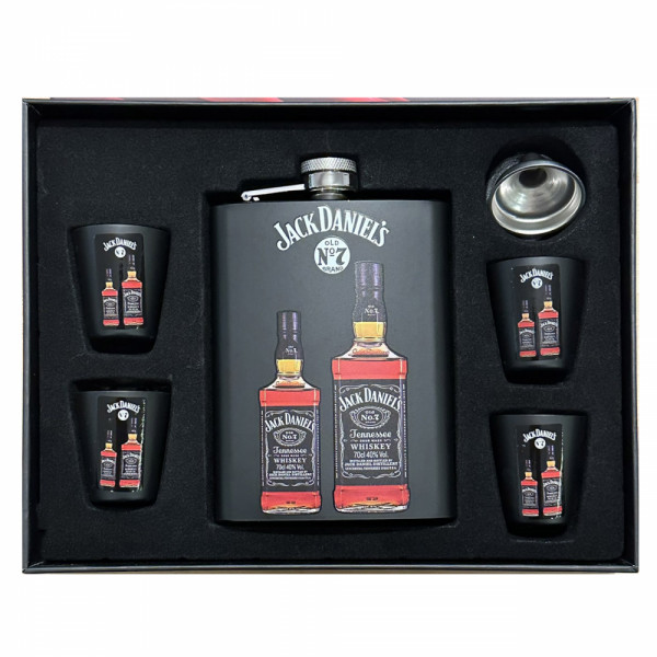 Стилен подаръчен комплект манерка с 4 чашки и фуния Johnnie Walker Black Label черно – DJH1591