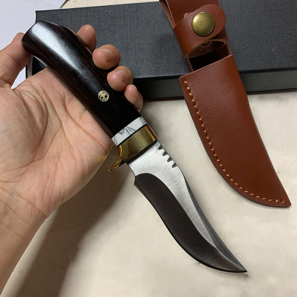 Ловен нож DER HUNT ORIENT,  стомана D2, дръжка абанос, тюркоаз и месинг, кожена кания