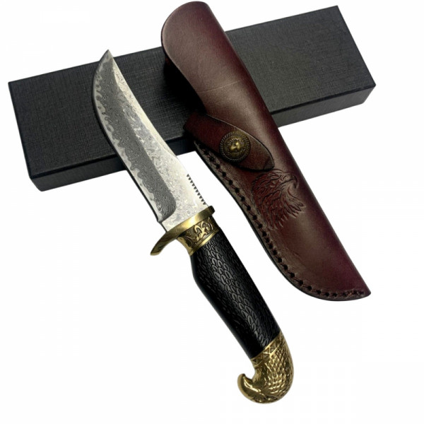 Ръчно изработен ловен нож EAGLE MALAYSIA DAMASKUS, дамаска стомана VG10, дръжка абанос