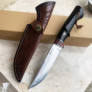 Японски ловен нож Horitomi SKD-11, стомана 8CR13MOV, дръжка абанос, кания