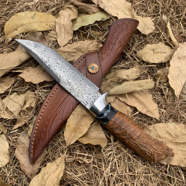 Японски ловен нож MYATO WOOLF DAMASK, дамаска стомана VG10, кожена кания, ръчна изработка