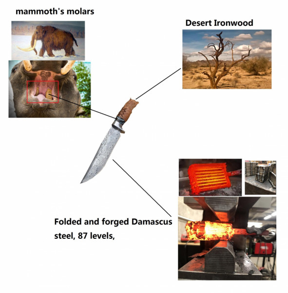 Японски ловен нож MYATO WOOLF DAMASK, дамаска стомана VG10, кожена кания, ръчна изработка