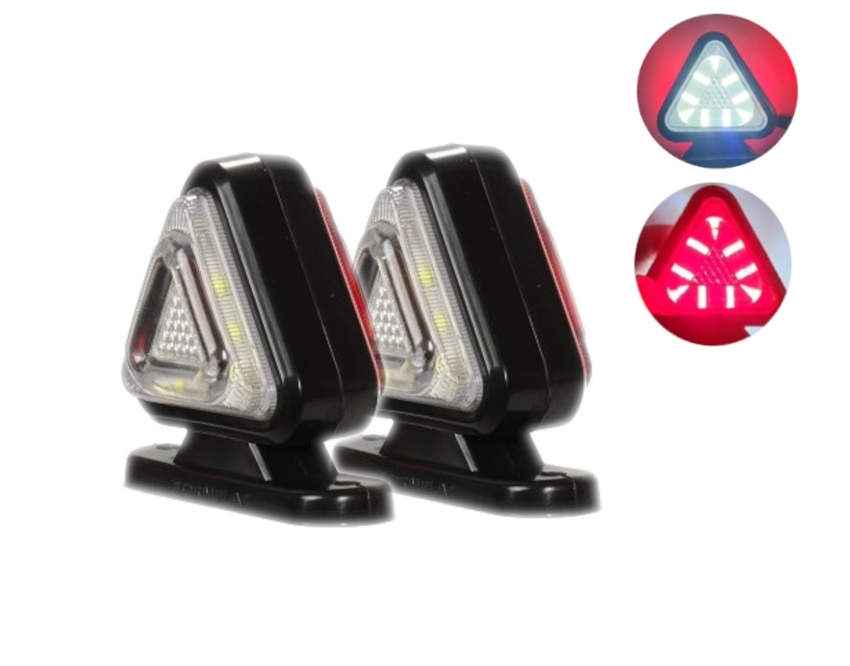 Комплект от 2 броя 18LED ЛЕД мини светодиоднен габарит токос тип рогче 12 - 24V бяло - червено с триъгълна форма Неон Ефект за ремаркета платформи камиони и др.
