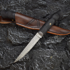 Японски ловен нож MYATO DAMASK, стомана VG10, дръжка африкански абанос, кания телешка кожа