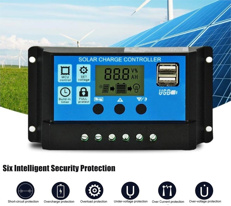 Соларен Заряден Контролер 20A PMW 12V 24V LCD Дисплей, Двойни USB Портове, Защитна Система