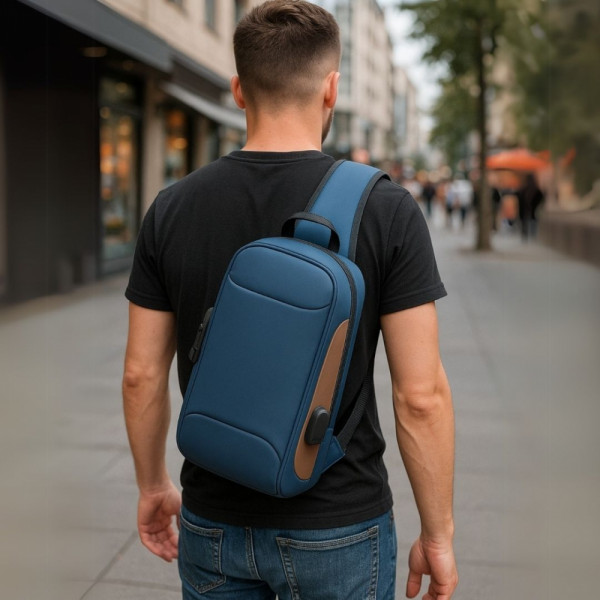 Компактна смарт раница за града  FASHION SMART BLUE 747 - водоустойчива и противоударна, с кабел за зареждане на телефона! И се заключва!