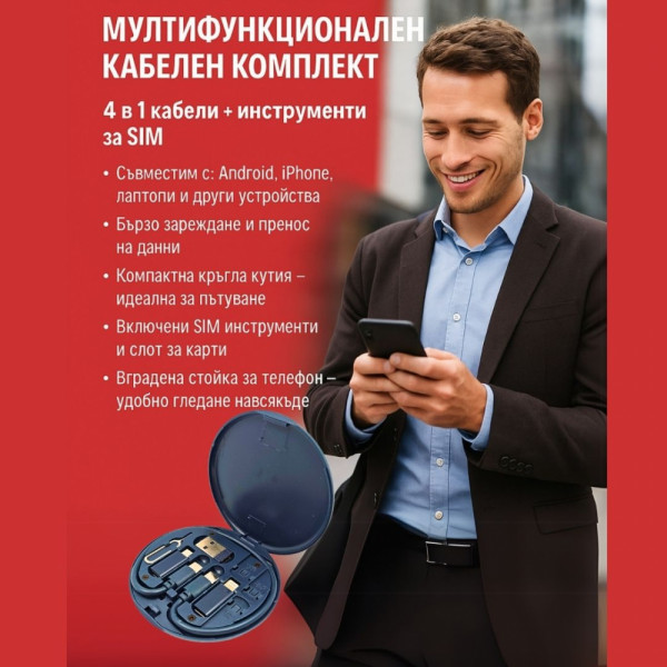 Мултифункционален кабелен комплект - 4 в 1 кабели за зареждане на устройства и пренос на данни + инструменти за SIM