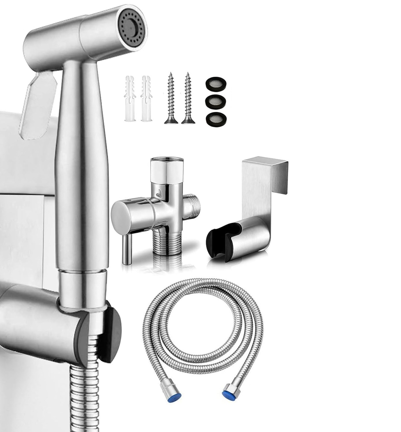 Комплект душ за интимна хигиена от неръждаема стомана – със смесител за биде, адаптор, маркуч и стойка за монтаж на тоалетна или стена, регулируемо налягане, 1/2” резба, сребрист