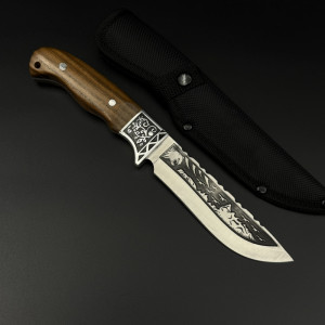 Фиксиран ловен нож PUMA, фултанг, стомана 65х13, гравирано острие и гард, дръжка орех, кания карбон-текстил