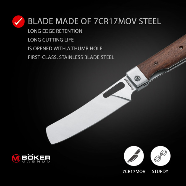 Голям сгъваем къмпинг нож Magnum Outdoor Cuisine III by Boker, стомана 7Cr17MoV, дръжка от американски лешник
