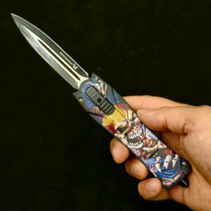 Автоматичен  двуостър нож за самозащита BENCHMADE DEAD MAN SKULL,  стомана D2