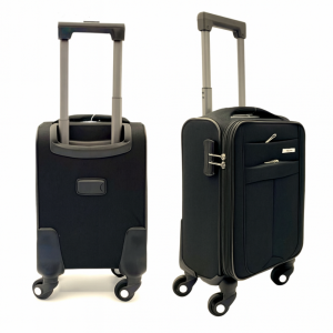 Текстилен авио куфар - спинър за ръчен багаж BLACK S TRANSIT с разширение, три дълбоки външни джоба  и голямо вътрешно отделение