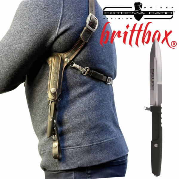Тактически нагръден/раменен кобур BRITTBOX HOLSTER Premium BLACK LEFT с италиански боен/ловен нож EXTREMA RATIO REQUIEM RANGER