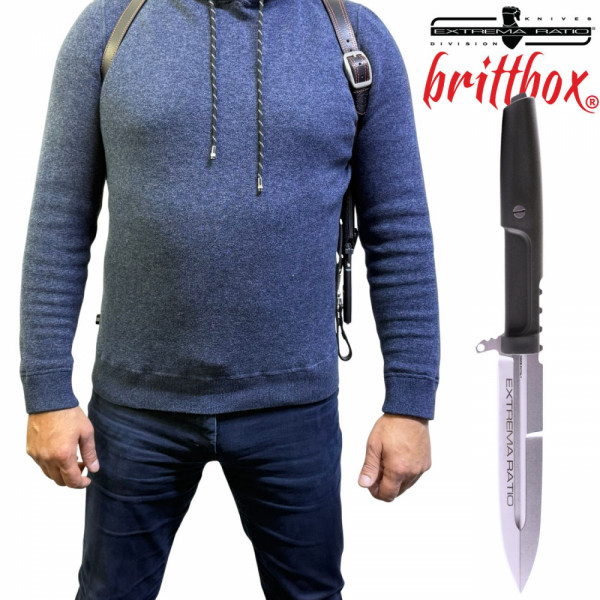 Тактически нагръден/раменен кобур BRITTBOX HOLSTER Premium BLACK LEFT с италиански боен/ловен нож EXTREMA RATIO REQUIEM RANGER