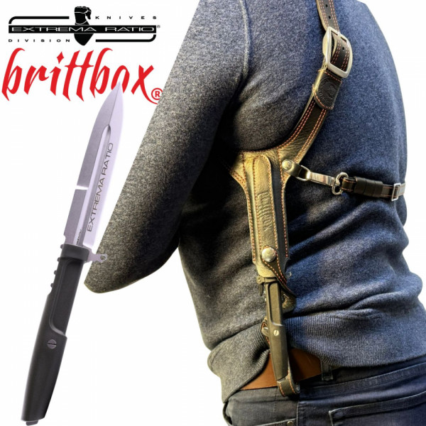Тактически нагръден/раменен кобур BRITTBOX HOLSTER Premium BLACK LEFT с италиански боен/ловен нож EXTREMA RATIO REQUIEM RANGER