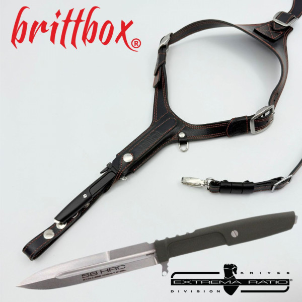 Тактически нагръден/раменен кобур BRITTBOX HOLSTER Premium BLACK LEFT с италиански боен/ловен нож EXTREMA RATIO REQUIEM RANGER