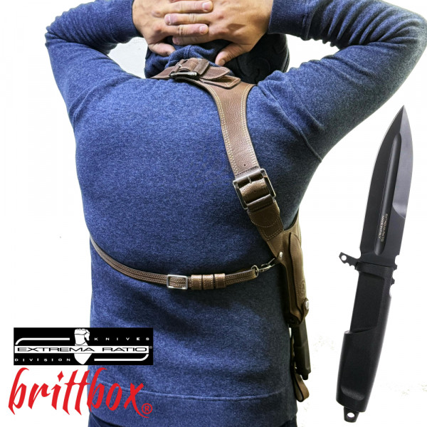 Тактически нагръден/раменен кобур BRITTBOX HOLSTER Premium BROWN RIGHT HEAVY с италиански боен/ловен нож EXTREMA RATIO CONTACT C