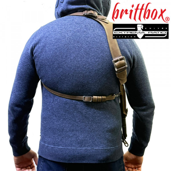 Тактически нагръден/раменен кобур BRITTBOX HOLSTER Premium BROWN RIGHT HEAVY с италиански боен/ловен нож EXTREMA RATIO CONTACT C