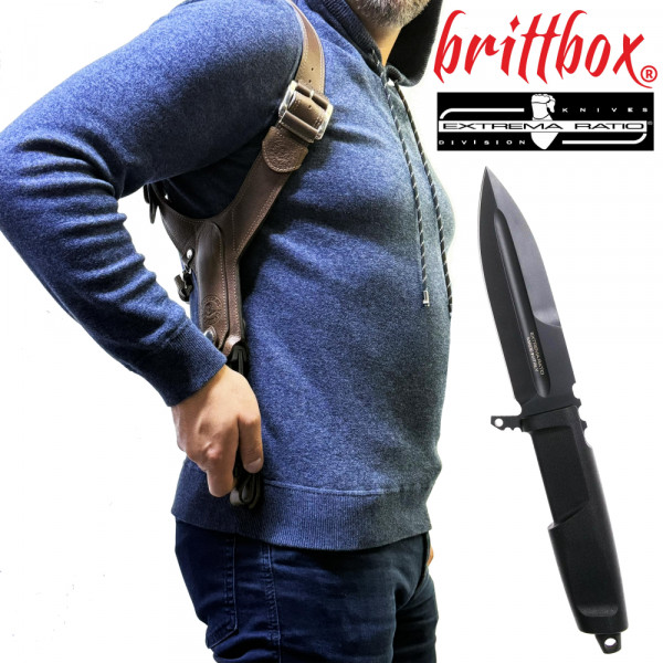 Тактически нагръден/раменен кобур BRITTBOX HOLSTER Premium BROWN RIGHT HEAVY с италиански боен/ловен нож EXTREMA RATIO CONTACT C