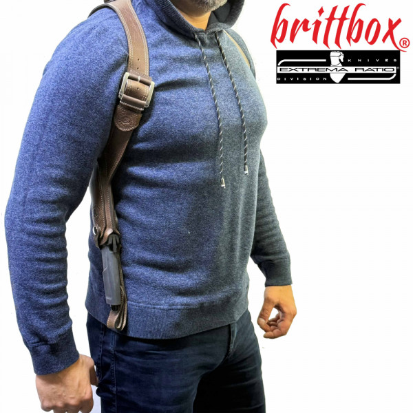 Тактически нагръден/раменен кобур BRITTBOX HOLSTER Premium BROWN RIGHT HEAVY с италиански боен/ловен нож EXTREMA RATIO CONTACT C