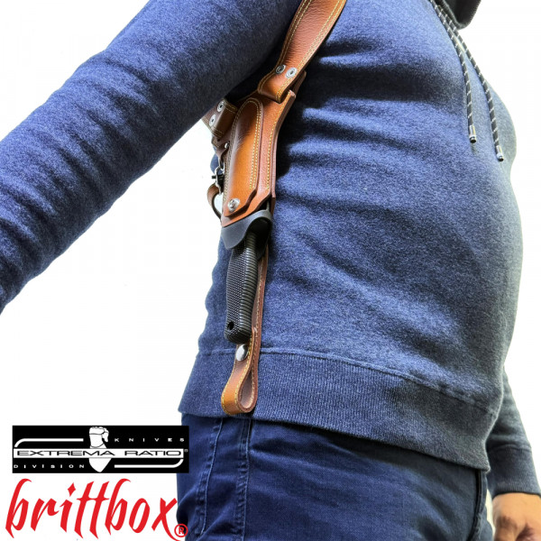 Тактически нагръден/раменен кобур BRITTBOX HOLSTER CLASSIC BROWN RIGHT с италиански боен/ловен нож COLD STEEL  COUNTER TAC I