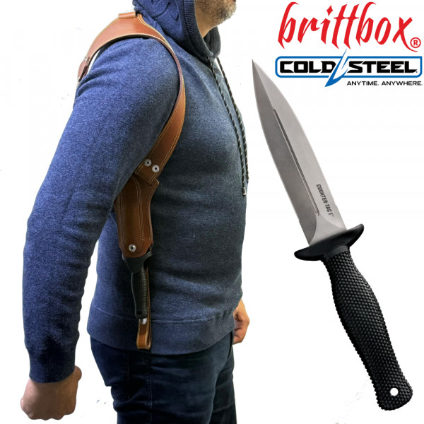 Тактически нагръден/раменен кобур BRITTBOX HOLSTER CLASSIC BROWN RIGHT с италиански боен/ловен нож COLD STEEL  COUNTER TAC I
