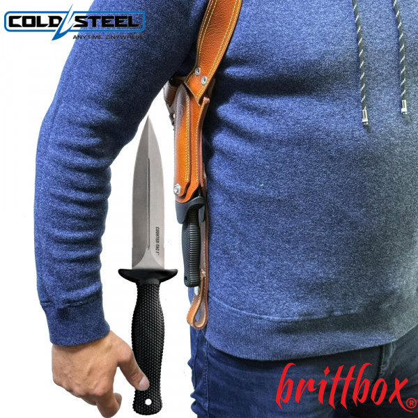 Тактически нагръден/раменен кобур BRITTBOX HOLSTER CLASSIC BROWN RIGHT с италиански боен/ловен нож COLD STEEL  COUNTER TAC I