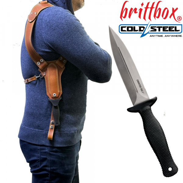 Тактически нагръден/раменен кобур BRITTBOX HOLSTER CLASSIC BROWN RIGHT с италиански боен/ловен нож COLD STEEL  COUNTER TAC I